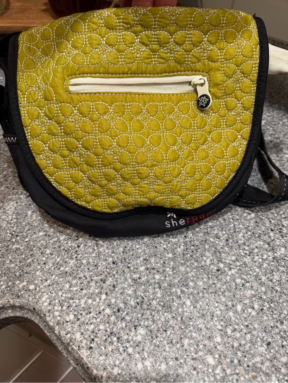 Sherpani Floral Quilted Cross Body Shoulder Purse Black / Pea Green Adj. Strap